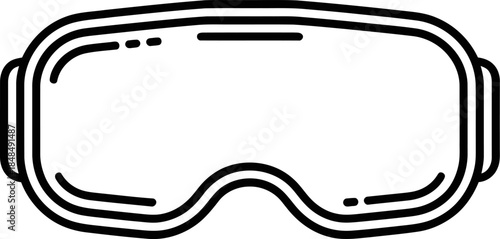 Minimalist black line icon representing virtual reality goggles perfect for technology advertising backgrounds.