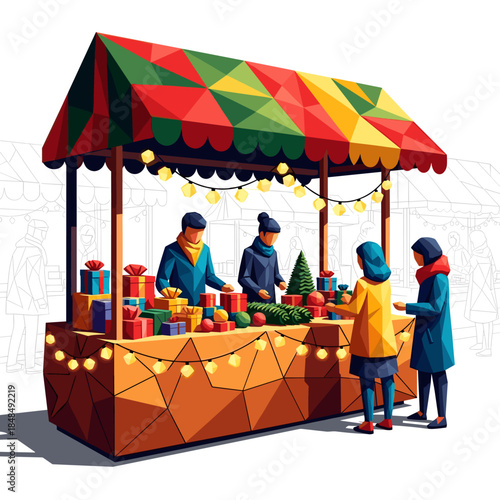 Christmas Market Stall with People Shopping, Festive Holiday Illustration Isolated on White