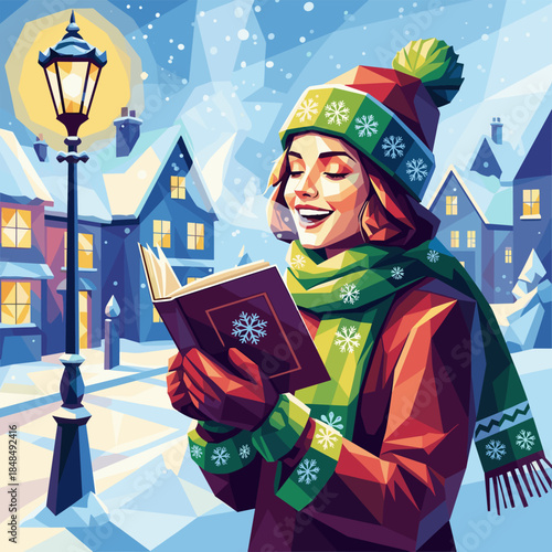 Christmas Caroler Woman Singing Songbook on Snowy Winter Street Vector Illustration