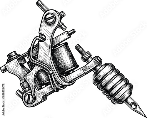 Detailed tattoo machine vector illustration, hand-drawn vintage woodcut style, featuring coil gun device for professional tattooing, art, and custom body decoration design.