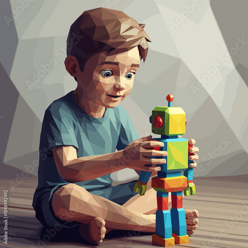 Boy Playing with Colorful Low Poly Toy Robot Sitting on Wooden Floor, Digital Illustration