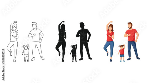 Family exercising together line art, silhouette and color illustration of parents and child doing fitness poses