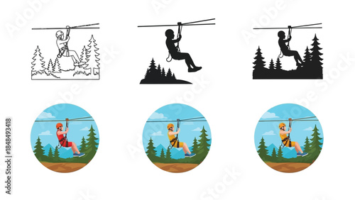 Set of zip line icons and illustrations silhouette, outline and color graphics of people ziplining over forest scenery