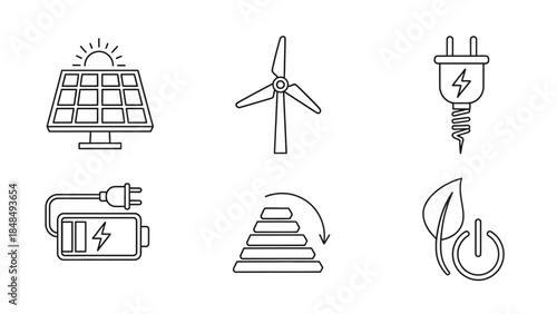 Set of six black line icons representing renewable energy sources and electrical power concepts