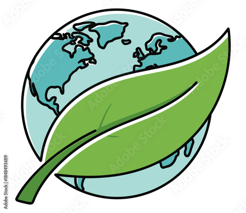 Earth globe partially covered by a large green leaf symbolizing global environmental protection and sustainability