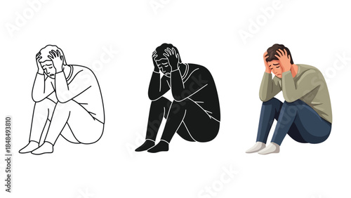 Man sitting in despair, depression, anxiety, stress, mental health problems, illustrated in three styles outline, silhouette and color