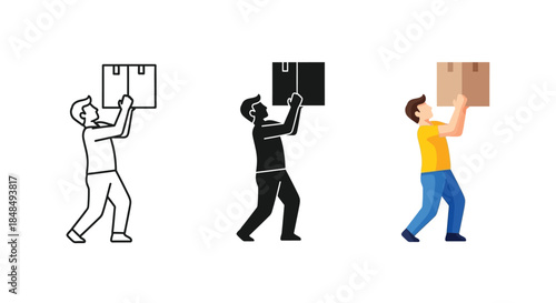 Man carrying a heavy box above his head, delivery service worker lifting package, set of three icons outline, silhouette and color illustration