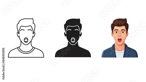 Set of three male avatars showing surprise or yawning expression outline, silhouette and full color illustration