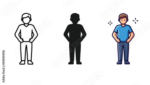 Set of three icons representing a confident man standing with hands hips outline, silhouette and colored flat style