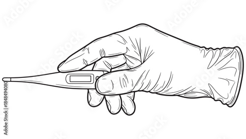 Vector line art illustration of a hand holding a digital medical thermometer for fever temperature measurement