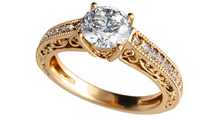 Gorgeous gold engagement ring with diamond isolated in high resolution png style, clean transparent background feel and sparkling detailed cutout ideal for bridal jewelry branding, proposal designs