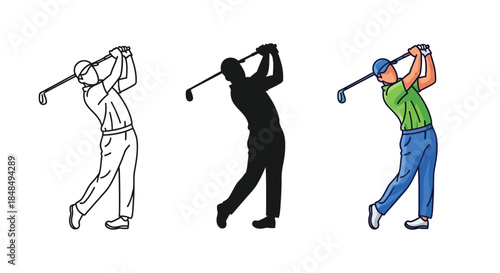 Set of three illustrations of a golfer swinging a club outline, silhouette and colored version