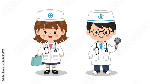 Charming cartoon children dressed as doctors, featuring a young girl with a medical bag and a boy with a diagnostic tool, symbolizing aspiring medical professionals
