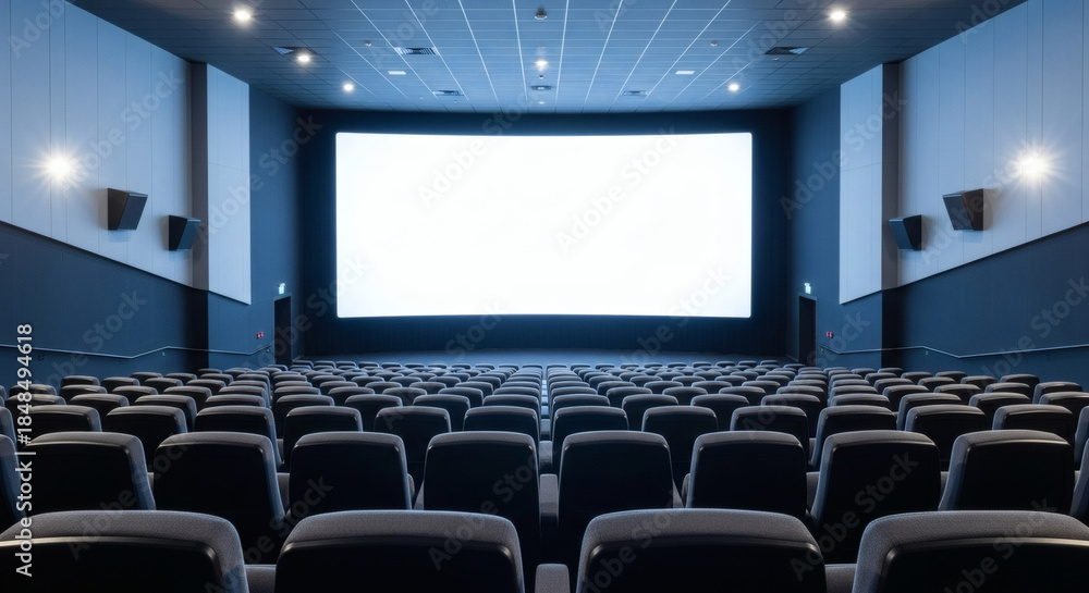 Fototapeta premium Empty modern cinema auditorium with comfortable seating and a large blank screen awaiting a film projection, perfect for immersive viewing experiences.