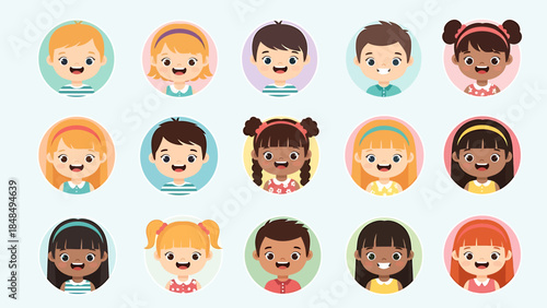 A Diverse Collection of Cartoon Children's Faces with Various Hair Colors and Styles for Educational and Creative Projects