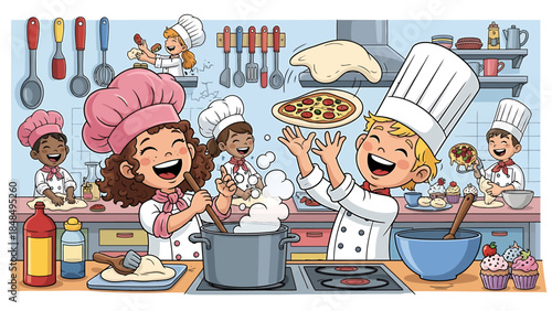 Happy children in chef hats enthusiastically preparing food in a kitchen with various culinary elements and ingredients