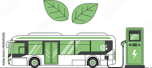 Electric bus charging at station vector illustration, featuring large leaves, symbolizing sustainable public transport, eco-friendly city travel, and green energy mobility graphic design.