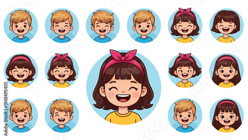 Vibrant collection of smiling kids' avatars showcasing diverse happy expressions for user profiles and child-friendly digital designs