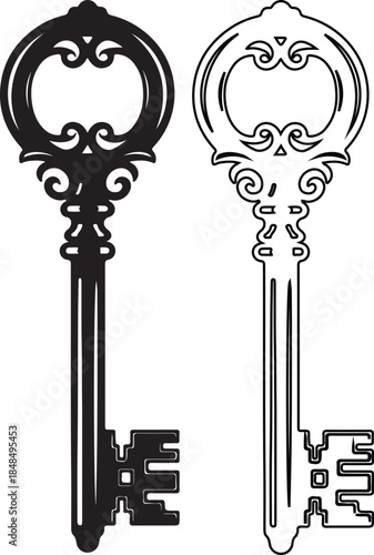 Two ornate skeleton keys with decorative handles and teeth on white