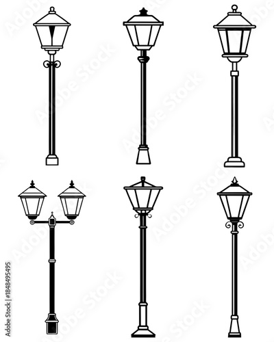Vintage Street Lamp Post Line Art Set – Classic Outdoor Lantern Vector Illustration