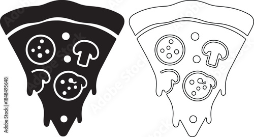 Black and white line art pizza slices with toppings on