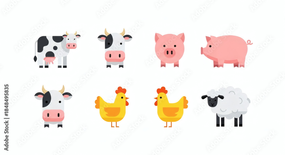 Obraz premium Adorable Cartoon Farm Animals Vector Icons Featuring Bovine, Swine, Poultry, and Ovine Characters in a Flat Design Style