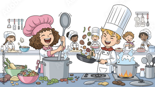 Children happily cooking and learning in a vibrant culinary class, filled with delicious food and laughter