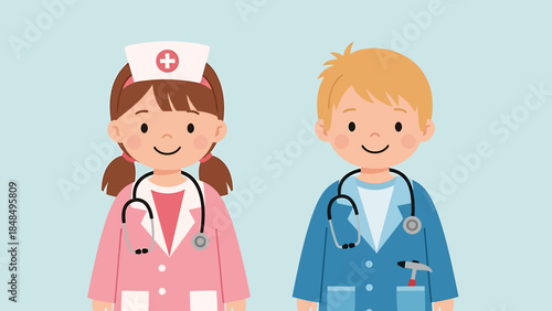 Children dressed as medical professionals, a girl and a boy wearing doctor coats and stethoscopes, illustrating healthcare careers