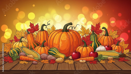 Autumn harvest bounty of pumpkins gourds and vegetables on a wooden table fall season concept with colorful leaves and bokeh lights