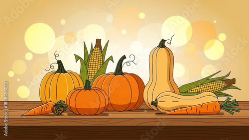 Autumn harvest of pumpkins carrots and corn on a wooden table flat illustration for Thanksgiving and fall season concepts