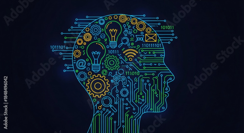 Futuristic human head silhouette filled with glowing circuit patterns and technological icons, representing artificial intelligence, innovation, and cognitive evolution.