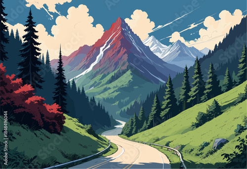 Cinematic comic-style landscape illustration featuring a winding asphalt road leading towards a majestic reddish mountain peak, surrounded by green pine forests and bright fluffy clouds in a sunny sky