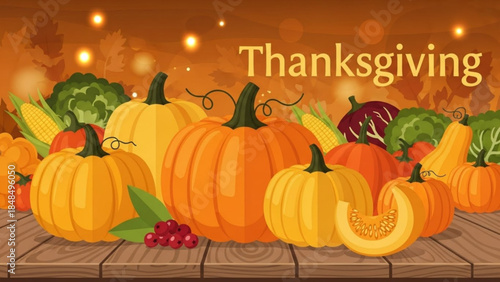 Thanksgiving harvest illustration with pumpkins and autumn vegetables festive seasonal background for holiday greetings and decorations
