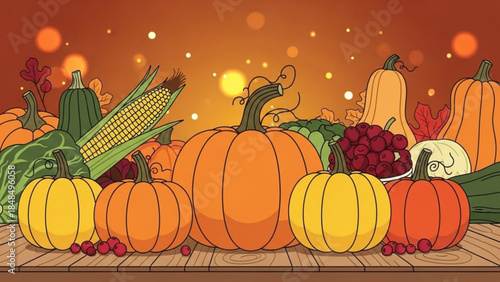 Harvest bounty of pumpkins corn and grapes on a wooden table autumn fall season illustration for Thanksgiving and harvest festivals