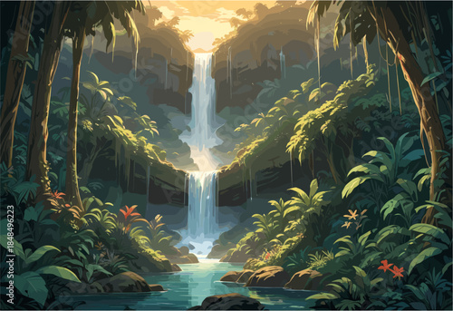 a breathtaking tropical rainforest featuring multi-tiered waterfalls cascading into a river, bathed in warm golden sunlight breaking through lush palm trees and hanging vines