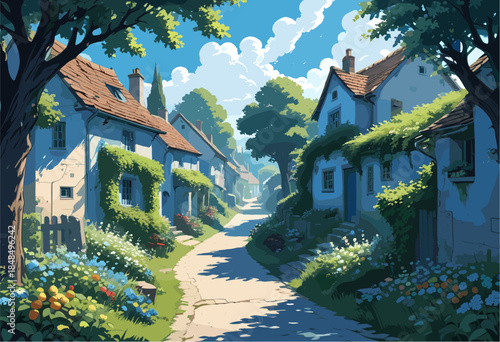 a peaceful village street lined with cozy white cottages featuring terracotta roofs and climbing ivy, surrounded by vibrant green trees and blooming flowers under a bright blue summer sky