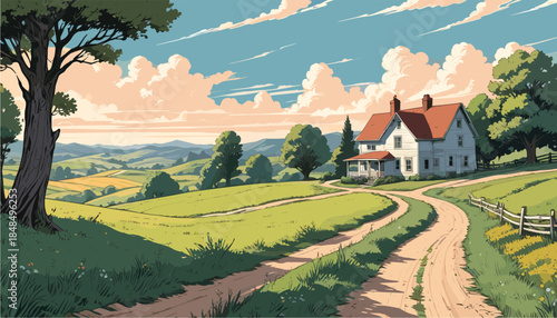 an idyllic summer countryside scene featuring a classic white farmhouse with a red roof, a winding dirt road through green fields, and large trees under a bright sky with fluffy clouds