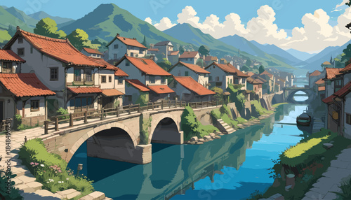 a charming riverside town featuring traditional houses with red roofs, stone arch bridges crossing a calm blue river, and green mountains under a fluffy cloudy sky