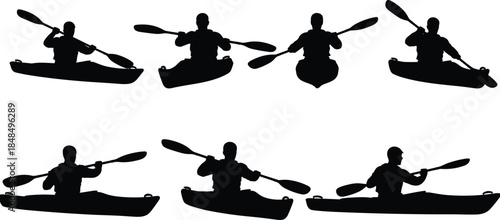 Silhouette illustration of seven kayakers paddling in different positions with double‑bladed paddles, water sports and outdoor adventure artwork
