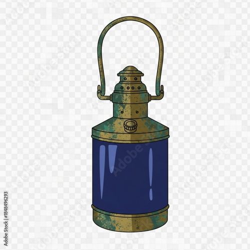 Vintage oil lantern with blue glass rustic metal design isolated on transparent background for historical or adventure themes