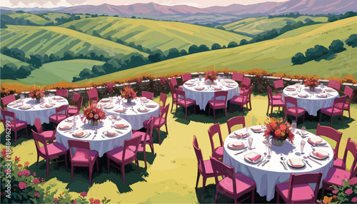 an elegant outdoor wedding reception or garden party featuring round dining tables with white tablecloths, pink chairs, and floral centerpieces, set on a grassy hill overlooking a scenic valley