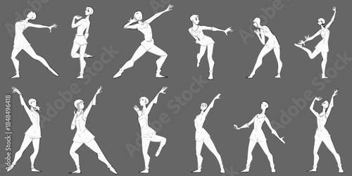 Dynamic human figure sketches showing various dance and movement poses