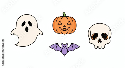 Halloween concept illustrations featuring a friendly ghost, carved pumpkin, flying bat, and spooky skull for festive seasonal graphic design.