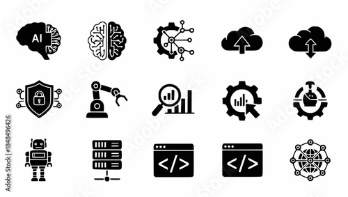A comprehensive set of black and white technology icons, including artificial intelligence, data, cloud computing, cybersecurity, robotics, and software development.