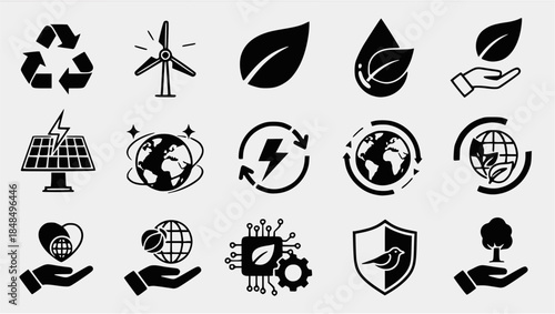 A collection of black silhouette vector icons and nature symbols featuring a globe, sun, and sea element for ecology web design