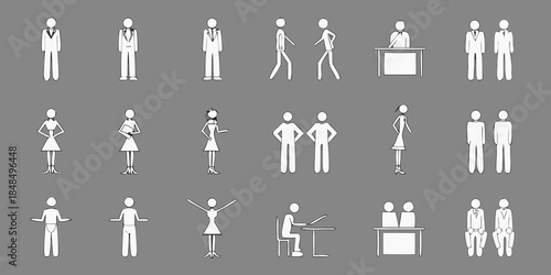 Minimalist white figures depicting people in various poses and professional attire