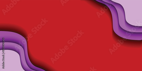 Abstract red background with wavy purple and pink layered paper-cut shapes creating a modern graphic design.