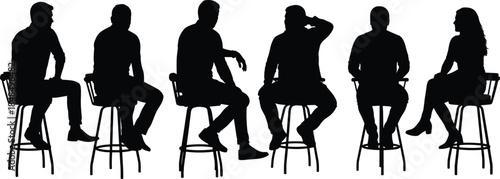 Silhouette illustration of seven people seated on bar stools in varied postures and gestures for social interaction artwork
