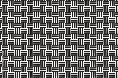This black and white geometric pattern features a tight, repeating weave texture. Short, thick bars are arranged in groups of three, alternating between vertical and horizontal orientations.