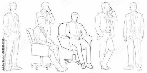 Line art illustration of businessmen in various poses and office settings